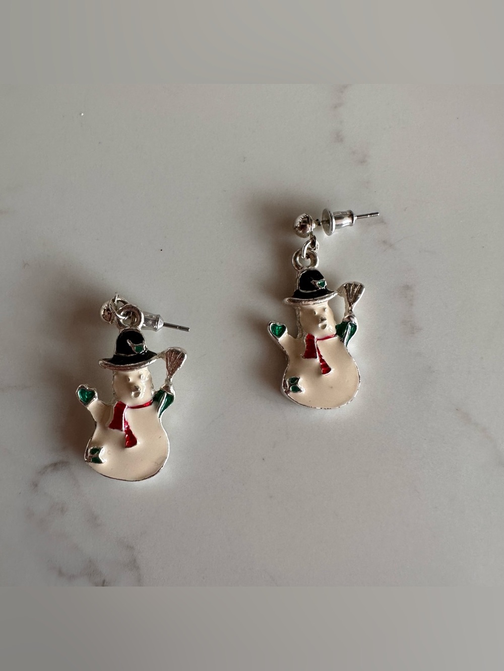 Christmas Silver-Tone Snowman Drop Earrings with Red Scarf